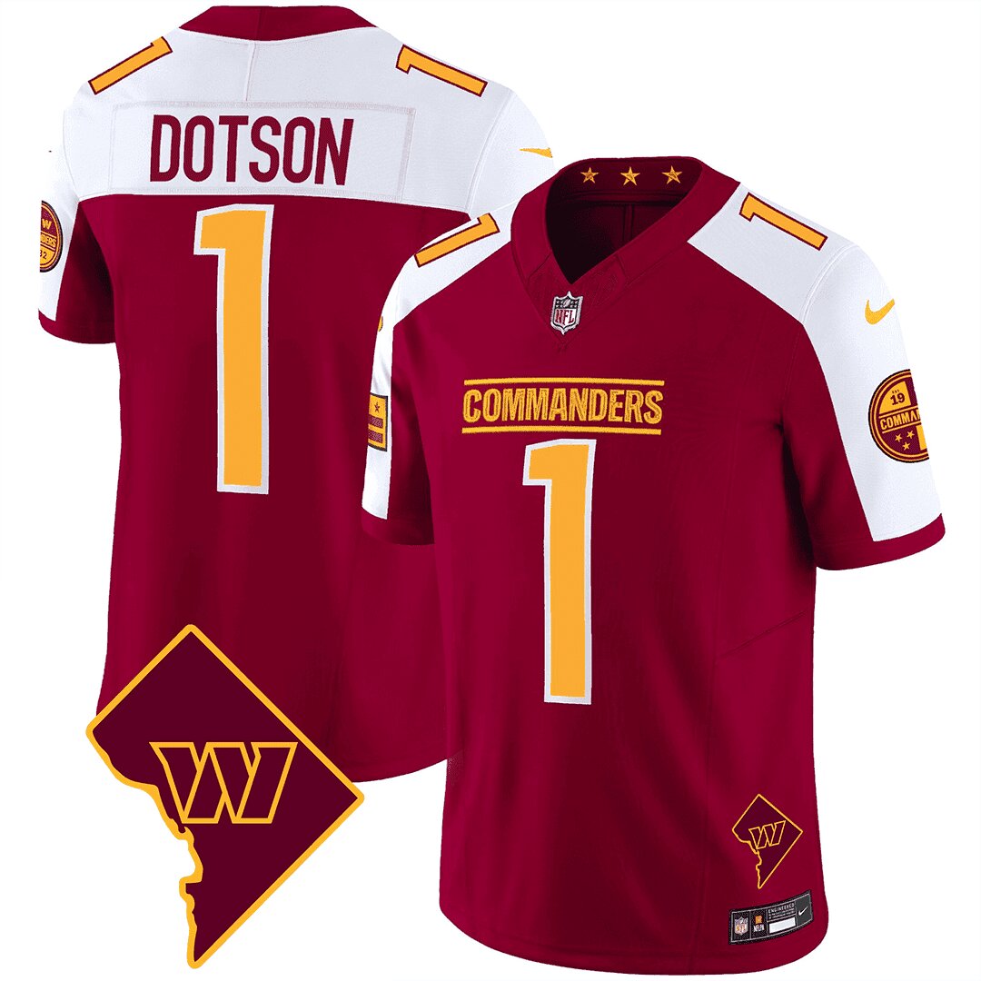 Men Washington Commanders 1 Dotson Red DC Map Patch 2024 Nike Vapor Limited NFL Jersey